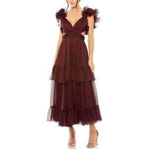 Mac Duggal Womens Ruffle Tiered Cut-Out Chiffon Dress, Bordeaux